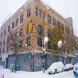 ballroom building in a snow storm in december